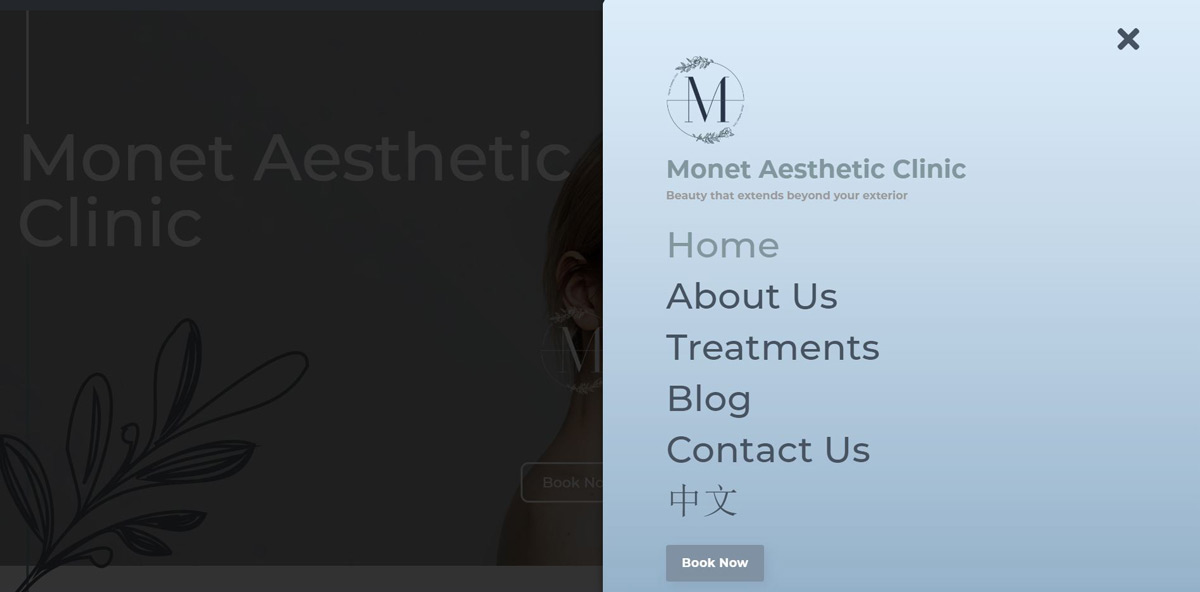 Monet Aesthetic Clinic Website menu